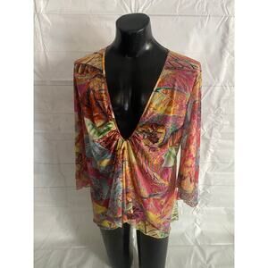 Yansi Fugel Women’s X-LARGE Sheer Chiffon V Neck Long Sleeve Floral BOHO Blouse